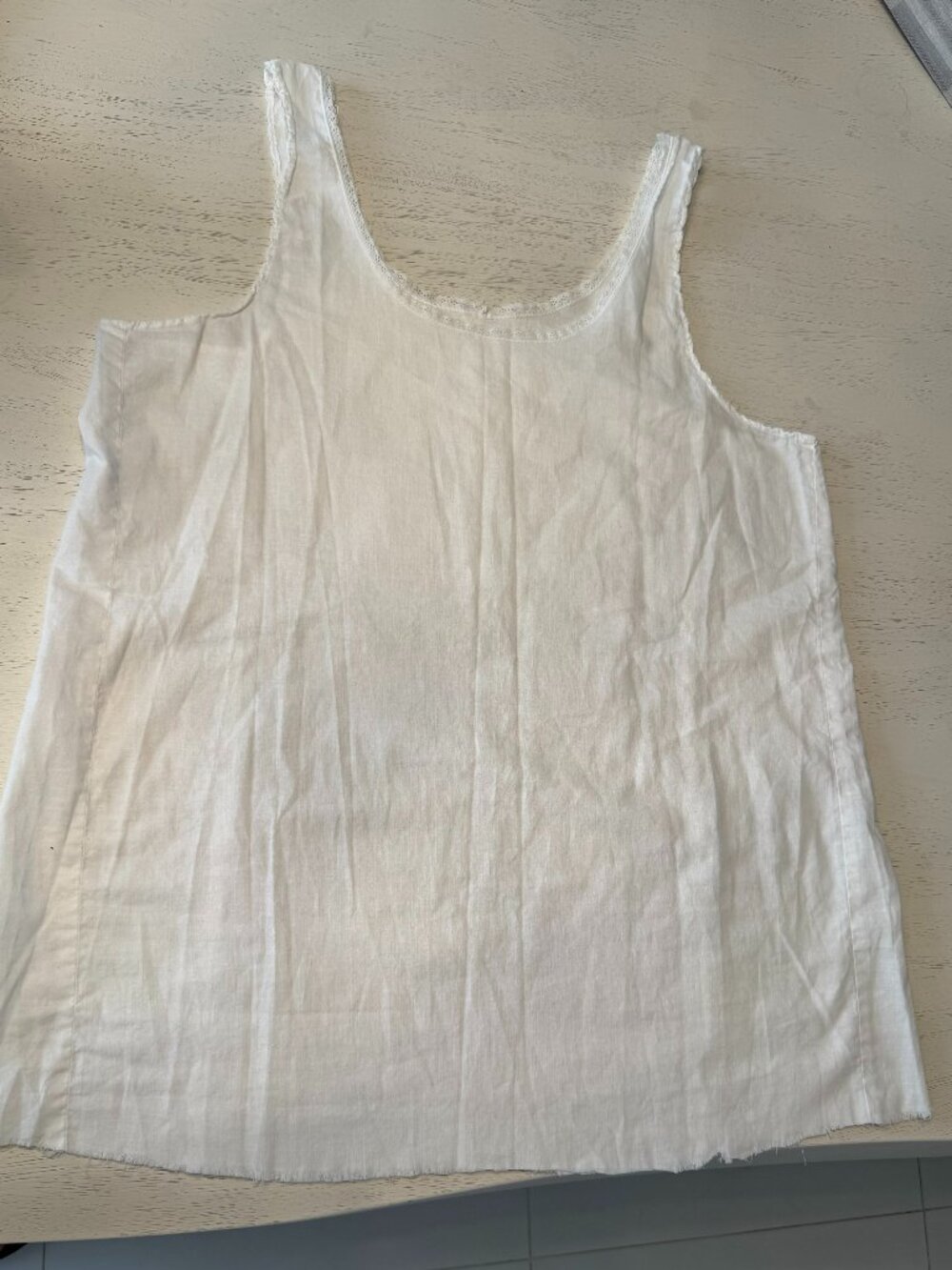 Vintage cotton/linen camisole, no tags, raw edge, lace at neck & arms, L-XL
